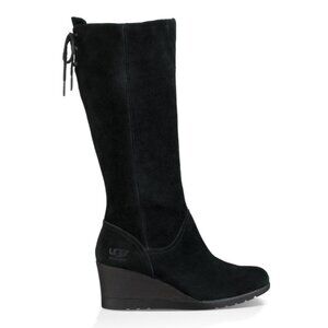 UGG Dawna Wedge Boots tall Rain Black Suede Waterproof Neutral Casual Tie Back